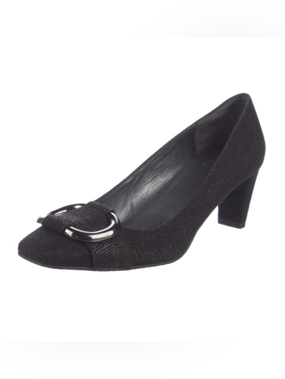 Stuart Weitzman Black Textured Heels with Polished Silver Buckle